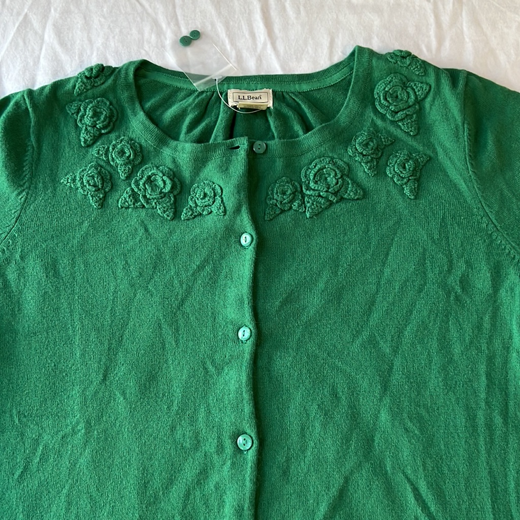 Ll Bean Crochet Knit Cardigan Angora Blend Sweater Green Cottage Granny-Core Lg
